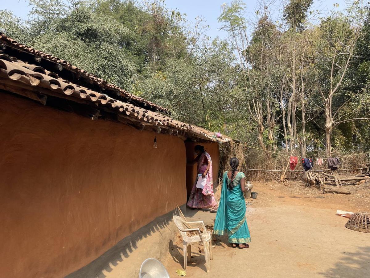 A village home with a mud-plastered wall and a courtyard